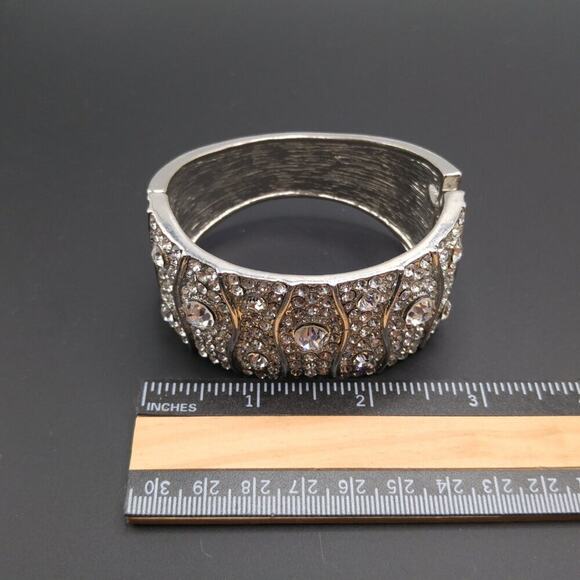 Wide Clear Rhinestone Cuff Hinged Bracelet, Silver Tone, 7 1/2 Inches - Picture 3 of 8